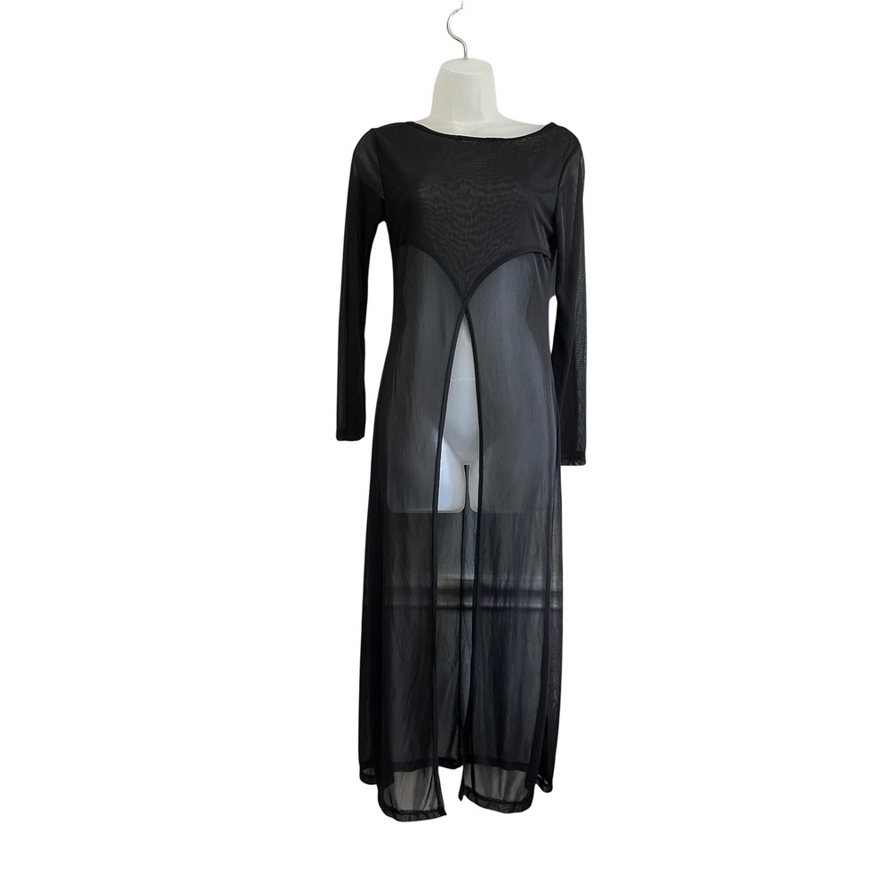 Street Code Black Sheer Mesh Maxi Dress Long Sleeve Front Slit Made in USA
